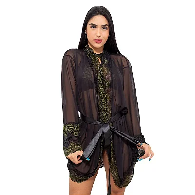 Lingerie, Robe Flare Manga Longa em Tule com Detalhes em Renda