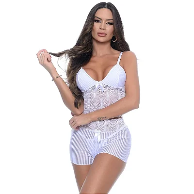 Baby Doll Listrado com Renda 3 peças TAMANHO G