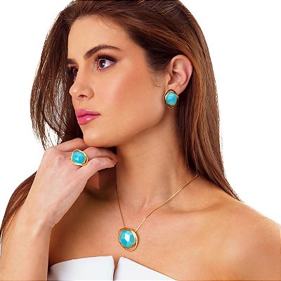 Colar Sara Pedra Natural Ágata Azul Céu Perolizada