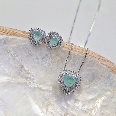 Conjunto colar e brincos com pedra em formato de coração - Ródio Branco