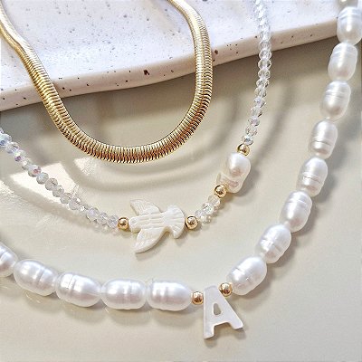 Colar Choker com pomba e pérola cristal - Paz Serena