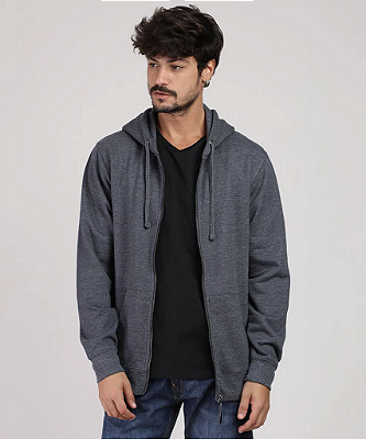 blusão masculino básico em moletom com capuz e bolso cinza mescla escuro