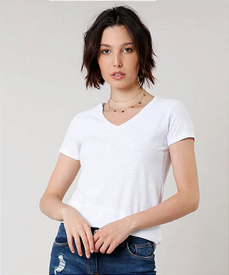 Blusa feminina básica flamê manga curta decote v branca