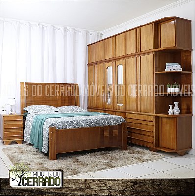 Guarda Roupas de Madeira 3 metros triplex 06 Portas + Canto Puxador Reto Espelho Externo Central com Cama casal de madeira 3 Listras e Criado mudo Liso