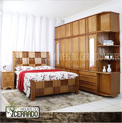 Guarda Roupas de Madeira 3 metros triplex 06 Portas + Canto Puxador Reto Espelho Externo Lateral com Cama casal de madeira Xadrez Filete e Criado mudo Xadrez Filete