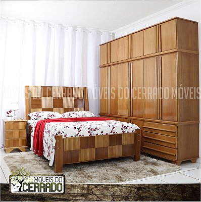 Guarda Roupas de Madeira triplex 06 Portas Puxador Reto com Cama casal de madeira  Xadrez Filete e Criado mudo Xadrez Filete