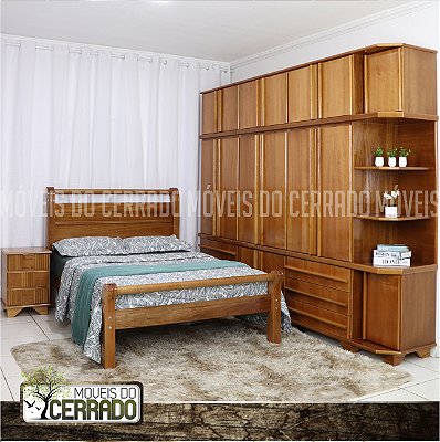 Guarda Roupas de Madeira Triplex 06 Portas + Canto Puxador Reto com Cama Casal de Madeira Maciça Star e Criado Mudo de Madeira com 03 gavetas Xadrez Filete