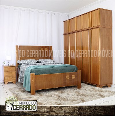 Guarda Roupas de Madeira 05 Portas Duplex Puxador Reto com Cama casal de madeira Três Listras e Criado mudo Liso