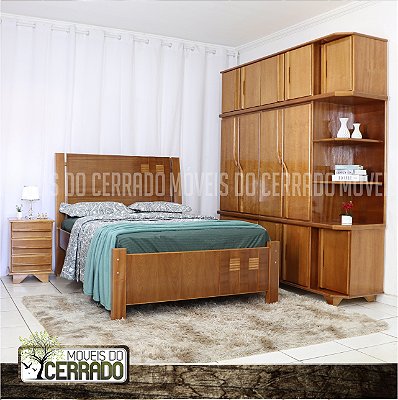 Guarda Roupas de Madeira 04 Portas + Canto Triplex Puxador Curvo com Cama Casal de madeira Três Listras e Criado mudo Liso