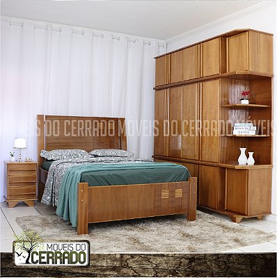 Guarda Roupas de Madeira 04 Portas + Canto Triplex Puxador Reto com Cama Casal de madeira Três Listras e Criado mudo Liso