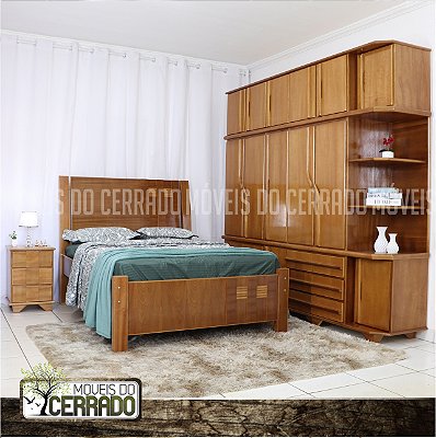 Guarda Roupas de Madeira 05 Portas + Canto Triplex Puxador Curvo com Cama Casal de madeira Três Listras e Criado mudo Liso
