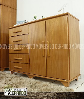 Cômoda de Madeira 05 Gavetas e 02 Portas Puxador Pão
