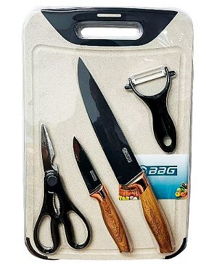 Kit de Facas Para Churrasco, Tábua, Tesoura e Descascador de Legumes e Fruta