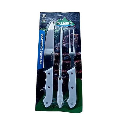 KIT CHURRASCO C/ 3 PCS, 1 FACA, 1 GARFO, 1 AFIADOR-  VL0220