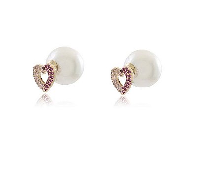 Brinco Ear Jacket com Coração Cravejado em Pérola Shell