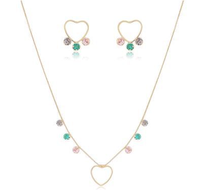 Conjunto Coração Vazado com Zircônias Coloridas