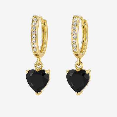 Brinco Coração Zircônia Negra com Cravação de Zircônias Cristal