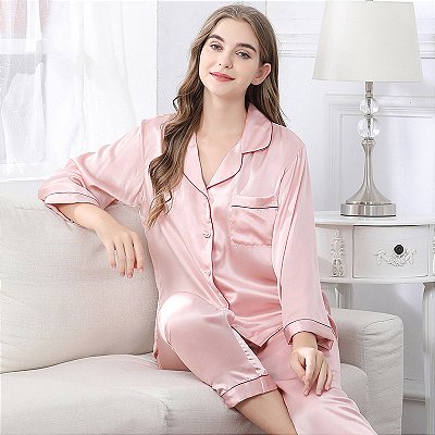 Conjunto de pijama feminino Homewear alto estilo luxo em seda de gelo monocromático