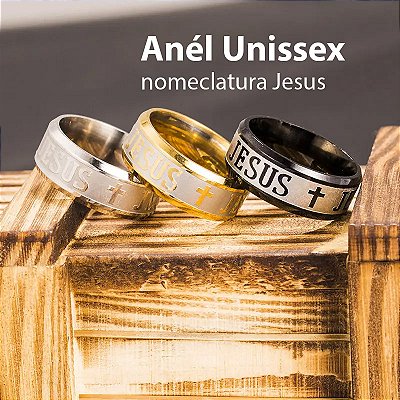 Anel unissex nomenclatura Jesus banhado na cor de ouro prata preto feito em aço inoxidável símbolo cruz de letras trabalhadas espessura de 8 mm