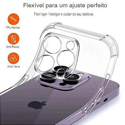 Capa para iPhone 14, 14 Mine, 14 Pro, 14 Pro Max de silicone transparente à prova de choque ultra resistente cristalizada ante reflexo, impacto e poeira