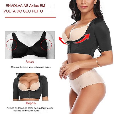 Cinta modeladora para seios braços e costas 90% poliéster e 10% spandex que é elástico e leve cores preto e bege