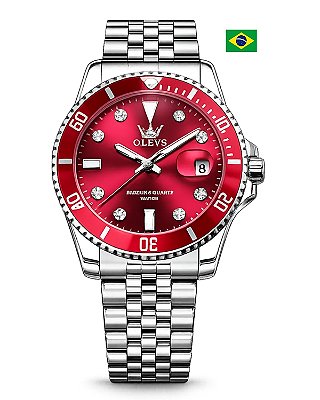 Relógio OLEVS Luxo Vermelho Submariner Aço Inox Premium