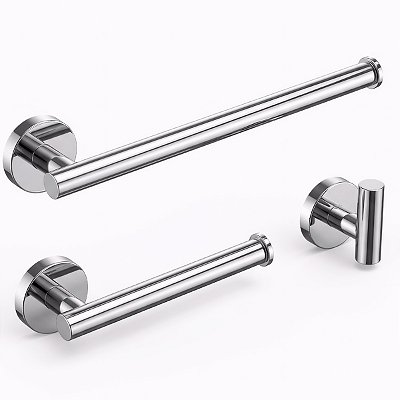 Kit Acessórios de Banheiro ou Lavabo com 3 peças Tubular Aço Inox Polido