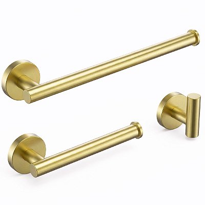 Kit Acessórios Banheiro Lavabo 3 peças Tubular Aço Inox Dourado Escovado