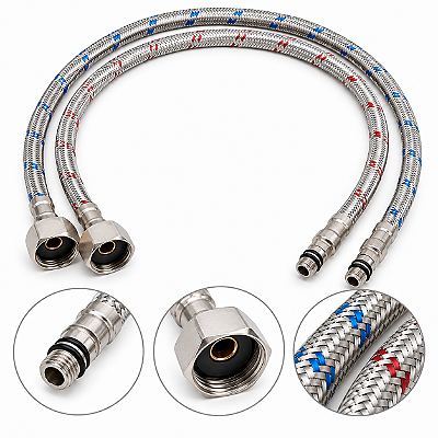 Par de Mangueira Engate Flexível 80cm Trama de inox Torneira Monocomando Fêmea 1/2 Macho 1/8