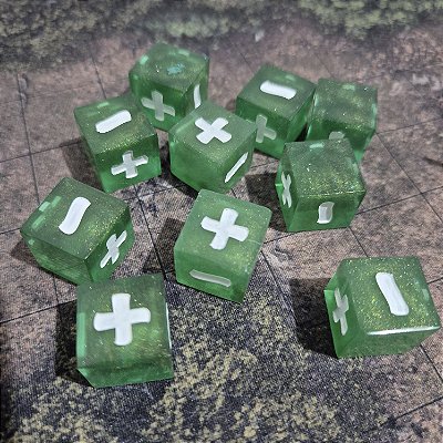 Conjunto de 10 Dados Fate (Fudge Dice) - Verde Metalico - Entrega Imediata