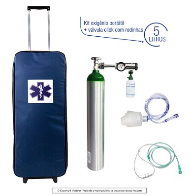 Kit Oxigênio Portátil 5 Litros Com Válvula Click (0-15) - Bolsa Azul Com Rodinhas