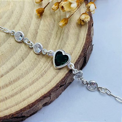 Pulseira Coração Verde Zircônia | Prata 925