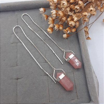 Brinco Corrente Dupla | Quartzo Morango | Prata 950 e Pedra Natural