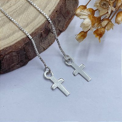 Brinco Crucifixo | Corrente Fio Passante | Prata 925