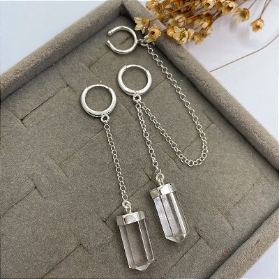Brinco Krystal Piercing Fake | Ponta Cristal de Quartzo | Prata 925