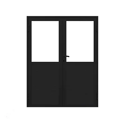 PORTA DE ABRIR 2 FOLHAS COM LAMBRIL E VIDRO FIXO ALUMÍNIO PRETO LINHA 25