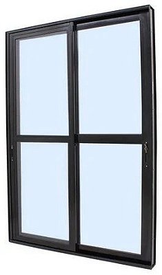 Porta de Correr para Sacada 2 Folhas (1 Fixa) Linha Premium | Alumínio Preto, Vidro Liso e Fechadura