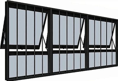 Vitro Maxim-Ar com Peitoril | 3 Seções com Grade, Vidro Jateado, Alumínio Preto, Linha Suprema