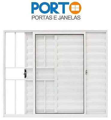 Janela Veneziana 3 Folhas Alumínio Branco Linha Economy | Vidro Liso e Grade de Proteção