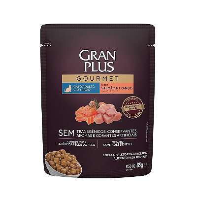 Alimento Úmido Sachê Gran Plus Gourmet para Gato Castrado Sabor Salmão e Frango 85g