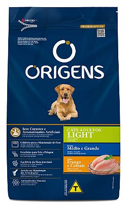 Ração Seca Origens Cão Adulto Light de Porte Médio e Grande sabor Frango e Cereais
