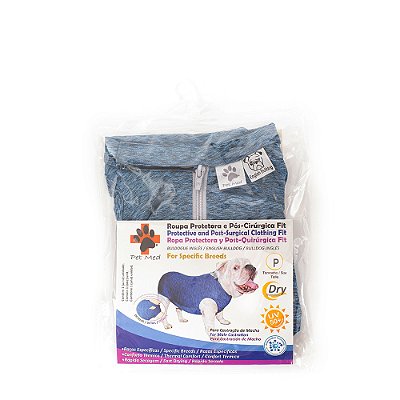 Roupa Pós Cirúrgica Pet Med Duo Dry Fit Regular Castração Buldogue Inglês Macho Azul