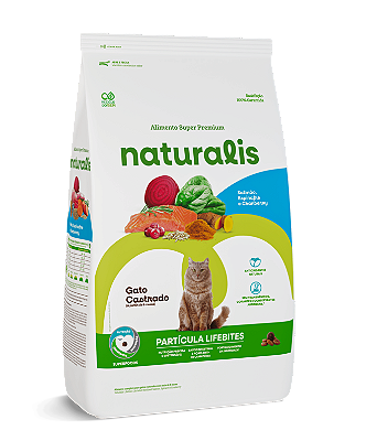 Ração Seca Naturalis Lifebites Gatos Castrados sabor Salmão, Espinafre & Cramberry