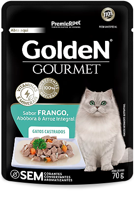 Alimento Úmido Sachê Golden Gourmet Gatos Castrados sabor Frango