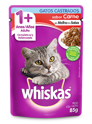 Alimento Úmido Sachê Whiskas Gatos Castrados 1+ sabor Carne ao Molho