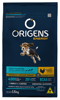 Ração Seca Origens Energy Cães Filhotes Todos os Portes sabor Frango e Cereais