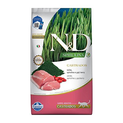 Ração Seca N&D Spirulina Feline Castrados sabor Suíno, Spirulina e Goji Berry
