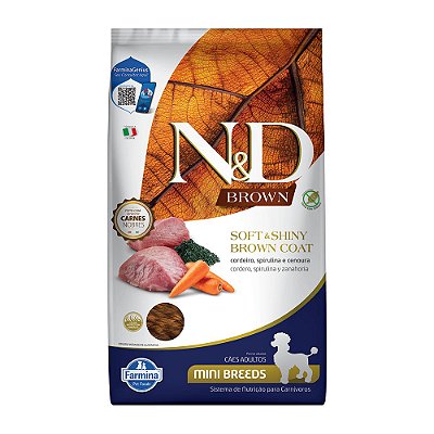 Ração Seca N&D Soft & Shiny Brown Coat Adult Mini sabor Cordeiro, Spirulina e Cenoura