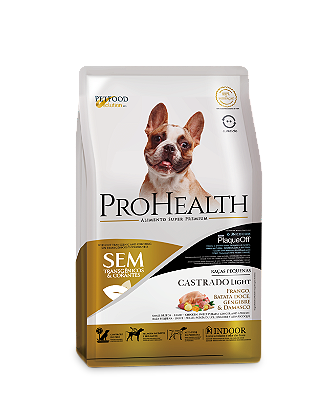 Ração Seca ProHealth Castrado Light Cães Adultos Porte Pequeno sabor Frango, Batata Doce, Gengibre e Damasco