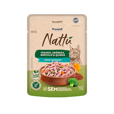 Sachê Premier Nattu Gatos Adultos Castrados Frango e Abóbora